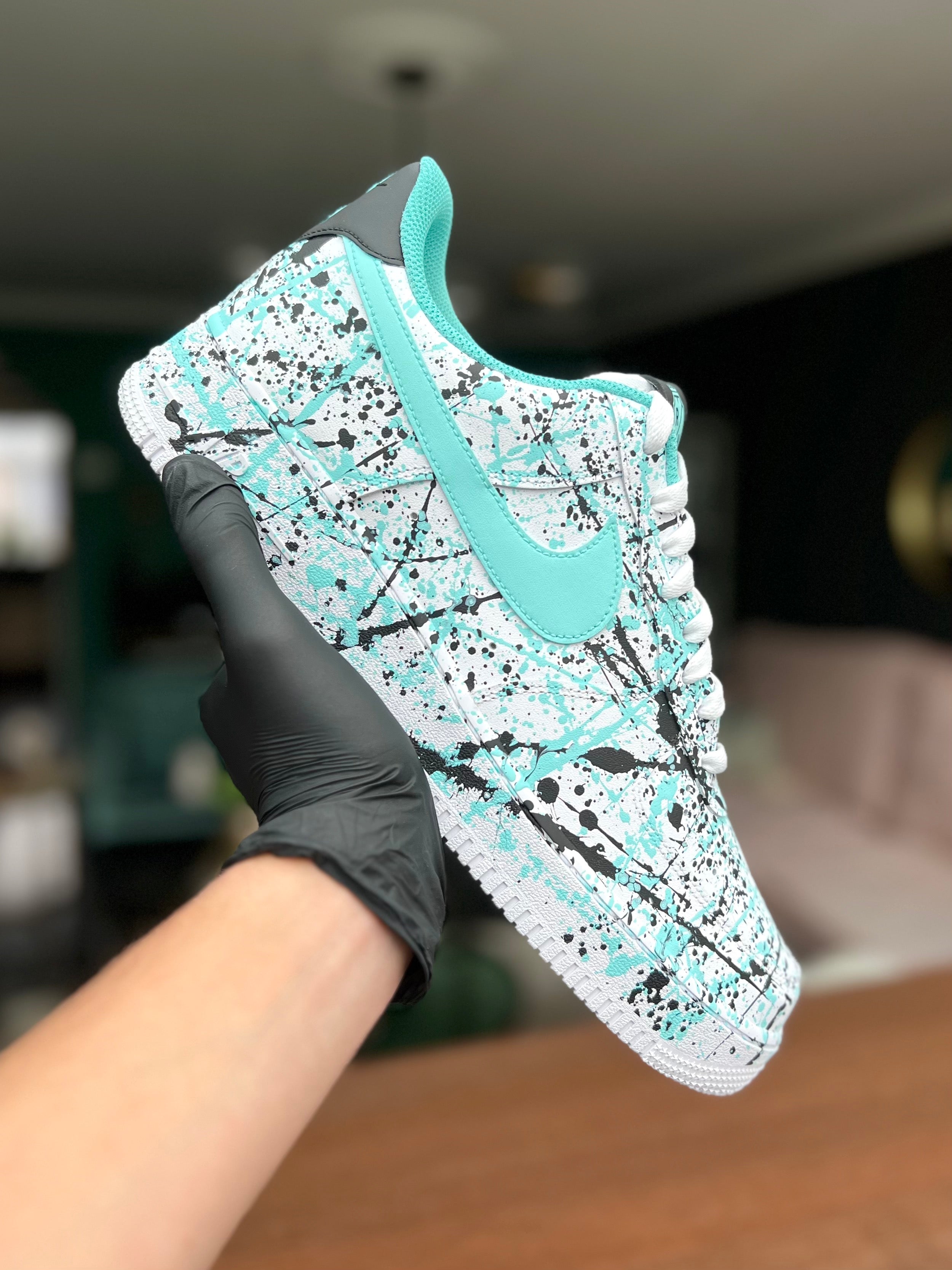 CUSTOM AF1 TIFFANY BLUE - BLACK PAINT SPLASH. – sebastiaancustoms